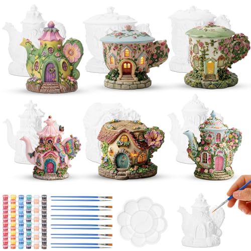 Thyle 6 Set 5 Inch Ceramics Fairy House to Paint Teapot Fairy Garden House Craft Kit Paint Your Own Mini Teapot Houses Statue for DIY Summer Arts and Craft Projects for Outdoor Yard Decor