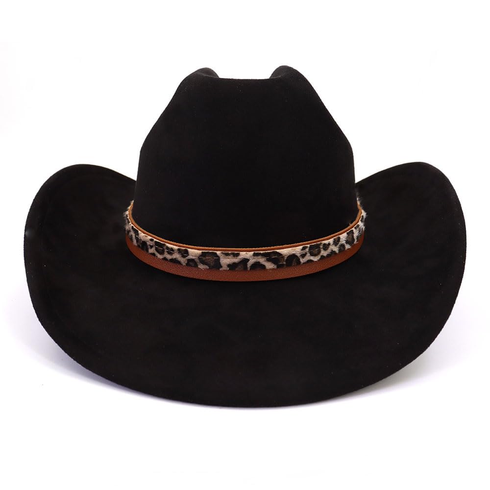 Cappello da cowboy classico in pelle scamosciata per adulti a tesa larga cappello da cowgirl occidentale da donna cappello Fedora con fascia leopardata