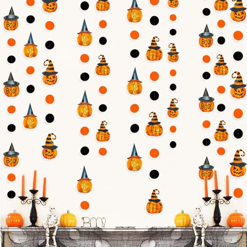 Image of Clearance Pumpkin Polka Dots Garlands Happy Halloween Trick or Treat Boo Sign Witches Hat Pumpkin Black Orange Circle Dot Streamers for Fall Halloween Birthday Bachelorette Party Decorations Supplies