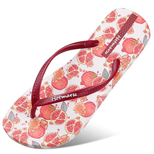 Hotmarzz Women's Flowers Fruits Pattern Summer Beach Colorful Slippers Tongs Sandals Flat Slides Size 7 B(M) US / 38 EU / 39 CN, Pomegranate, Wine Red