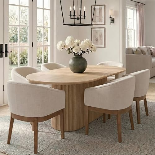 Image of HNY Barrel Dining Chairs Set of 6, Mid Century Modern Upholstered Dining Chairs with Arms, Linen Kitchen & Dining Room Chairs, Solid Wood Frame Accent Chairs for Kitchen, Apartment, Beige