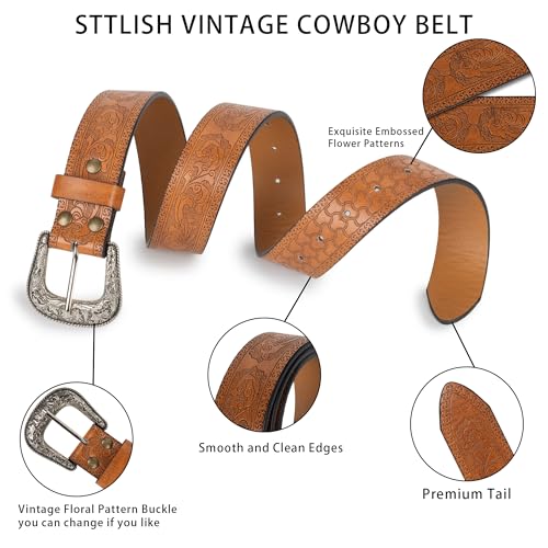 Vintage-Western-Belts with Carved-Buckle for Women,Adjustable Embossed-Floral Cowboy-Cowgirl-Belt Fit 28-38''Waist3