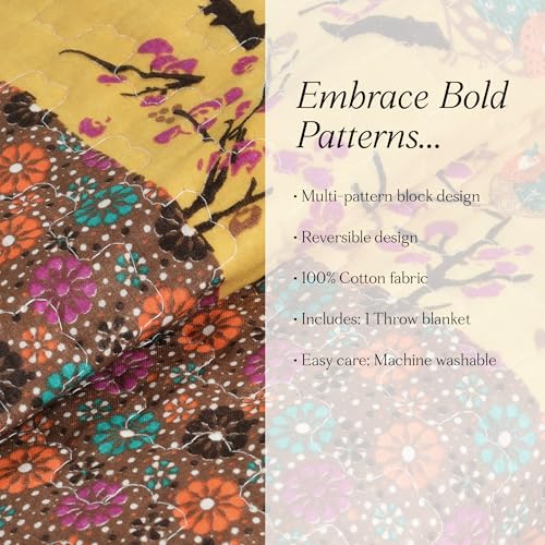 Lush Decor Royal Empire Reversible Cotton Throw Blanket, 50" W x 60" L, Tangerine - Colorful Boho Pattern - Orange Throw - Fall Quilted Throw - Bohemian Striped Cotton Blanket For Bed, Couch, Or Chair