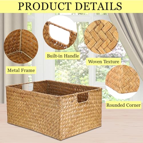 IGNPION Seagrass Storage Basket Woven Seagrass Desktop Baskets Rectangular Bathroom Storage Organiser Box, Shelves & Desks Decorative Basket Multipurpose storage Hamper, Large (Caramel, XL) - Cosy Home Interiors IGNPION Seagrass Storage Basket Woven Seagrass Desktop Baskets Rectangular Bathroom Storage Organiser Box, Shelves & Desks Decorative Basket Multipurpose storage Hamper, Large (Caramel, XL) - Image 4