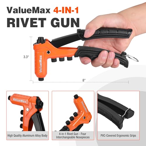 Image of ValueMax 4-in-1 Rivet Gun, Heavy Duty Pop Rivet Gun Kit with 200 Rivets - 3 /32 inch, 1 /8 inch, 5 /32 inch, 3 /16 inch, 4 Interchangeable Nosepieces, Drill Bits, Rivet Tool for Metal, Plastic, Leather