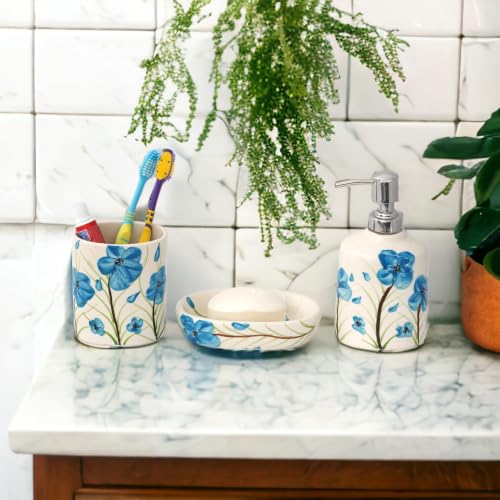 Image of Premium Ceramic Bathroom Accessories Set of 3 | Luxury Bath Set with 300ml Soap Dispenser, Toothbrush Holder & Soap Dish | Hand-Painted Decor Items | White & Blue Floral Pattern