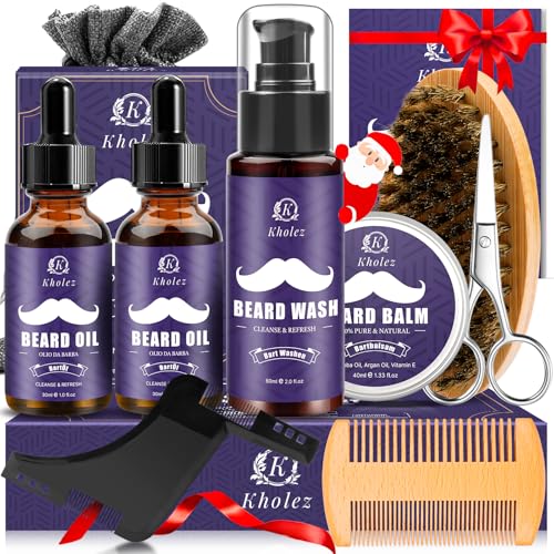 Bartpflege Set für Männer, KHOLEZ 10 in 1 Bart Set Geschenk Herren mit 60ml Bartshampoo, 30ml Bartöl*2,Bartbalsam,Bartkamm,Bartbürste,Bartschere,Reisetasche,Bart Geschenke für Männer Weihnachten