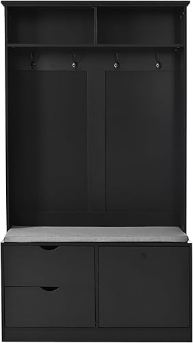 Miniatura 5 de VilroCaz Árbol de pasillo versátil 5 en 1 con 4 ganchos resistentes y cojín, perchero de madera de 40.6 pulgadas de ancho, armario de zapatos con 2