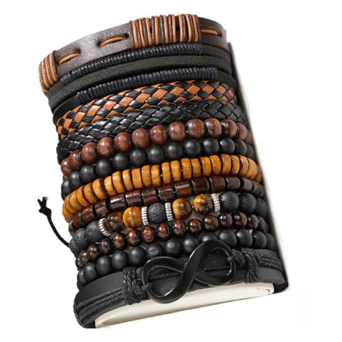 La Mejor Lista de Cuero Cafe disponible en línea. 48 Juego de pulseras vintage para hombre, 12 piezas, pulseras de cuero y con cuentas, colección negra y café, diámetro de 2.76 pulgadas