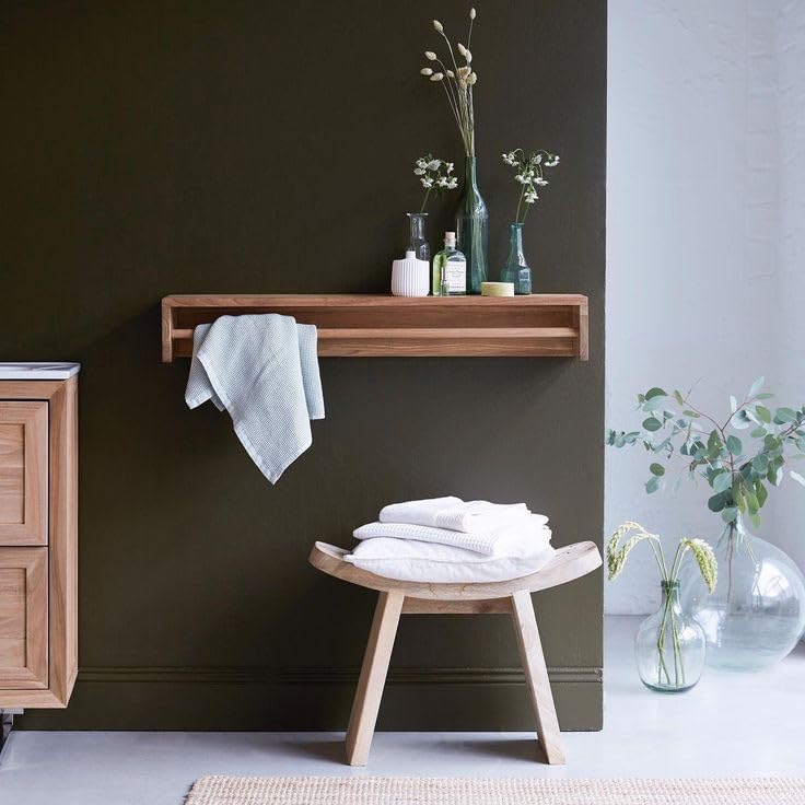 Image of Wooden Wall Shelf with Towel Rack, 60 cm, Teak Finish, Modern Bathroom Storage