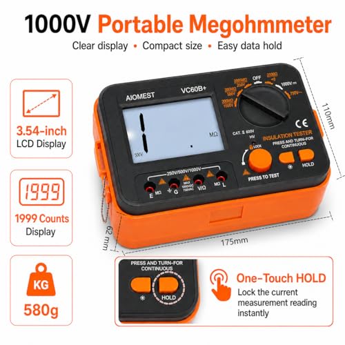 Image of AIOMEST Digital Megohmmeter Megaohm Meter with 250V /500V /1000V Test Voltage Testing Insulation Resistance IR 0.1MΩ~2GΩ, Measure AC DC Volt Ohm, Continuity Tester, Megaohmeter w /Over-Range Indicator