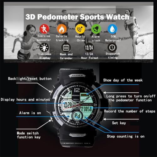 Image of PASNEW Boys' Watches - Dual Display, Large Dial Sport Watch, Black Outdoor Watch for Boys & Teens - Waterproof