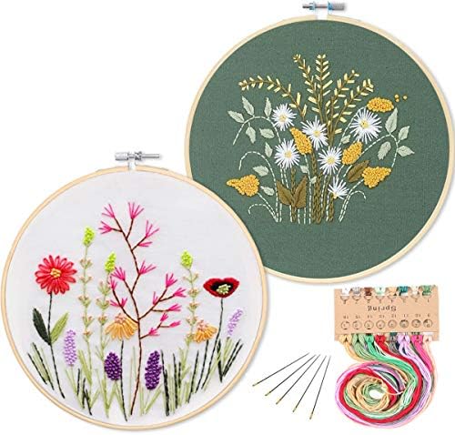 KISSBUTY 2 Pack Embroidery Starter Kit with Pattern, Full Range of Stamped Embroidery Kit Including Embroidery Fabric with Pattern, Bamboo Embroidery Hoop, Color Threads and Tools Kit(Floral, Daisy)