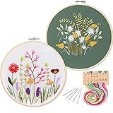 2 Pack Embroidery Starter Kit with Pattern, Kissbuty Full Range of Stamped Embroidery Kit Including Embroidery Cloth with Pattern, Bamboo Embroidery Hoop, Color Threads and Tools Kit(Floral and Daisy)