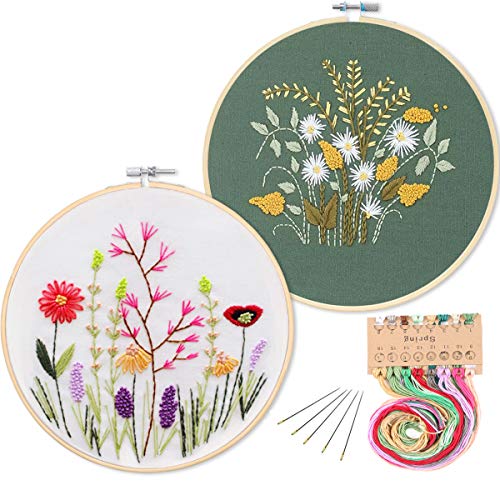 KISSBUTY 2 Pack Embroidery Starter Kit with Pattern, Full Range of Stamped Embroidery Kit Including Embroidery Fabric with Pattern, Bamboo Embroidery Hoop, Color Threads and Tools Kit(Floral, Daisy)