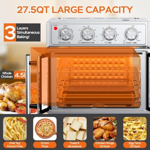 Image of PlumChef 27.5 Quart Extra Large 6 Slices Air Fryer Convection Toaster Oven, French Door, 1700W, Multifunction Oven for Air Fryer, Toast, Grill, Defrost, Bake (Stainless Steel)