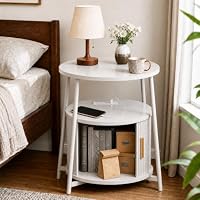 DHH Round End Tables with Charging Station, Fluted Accent Side Table with Sliding Door, Mid-Century Modern Nightstand for Small Space Storage, Living Room, Bedroom,Sofa Couch(1, White)