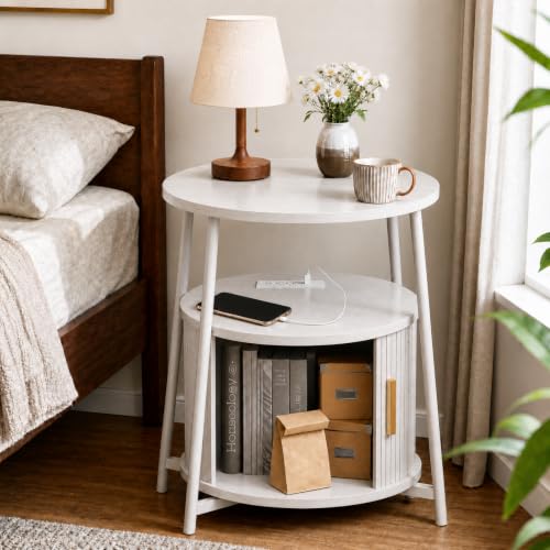 DHH Round End Tables with Charging Station, Fluted Accent Side Table with Sliding Door, Mid-Century Modern Nightstand for Small Space Storage, Living Room, Bedroom,Sofa Couch(1, White)