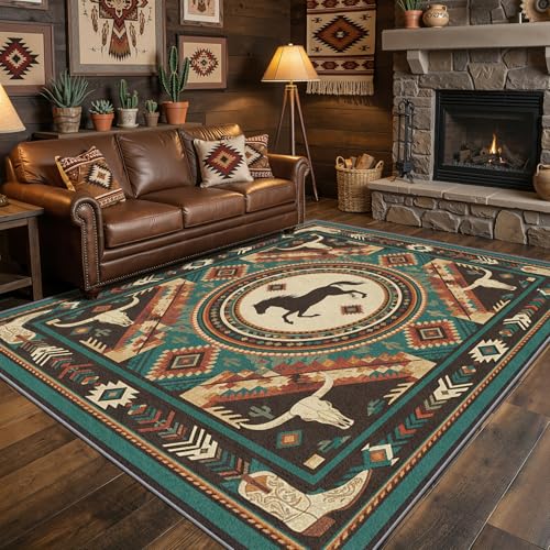 Tapis occidental cheval Phtbz turquoise 7x9 pi lavable aztèque