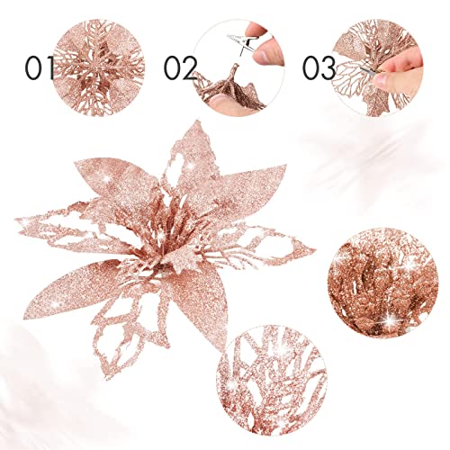 24 Pieces Christmas Glitter Artificial Poinsettia Flowers Christmas Flowers Decorations Wedding Xmas Tree New Year Ornaments (Rose Gold) #TOP2