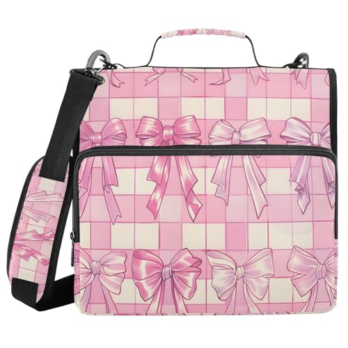Image of 3 Ring Zipper Binder with Shoulder Strap Bow Tie Pink Buffalo Plaid 1.5 inch Binders Keeper Large Capacity Multi Pockets for School Office Supplies