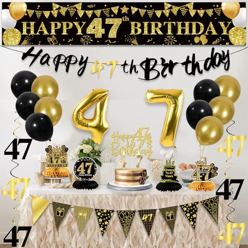 Image of 47th Birthday Decorations for Men, Black Gold 47th Party Decoration Kits | 27pcs Happy 47th Birthday Set, Banner, Honeycomb, Balloons, Gold Number, Candle, Hanging Swirls, Cake Topper, Party Supplies