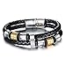 OPK Men Jewelry Braided Leather Wrap Bracelet Stainless Steel Buckle Double Strand Wristband, Black