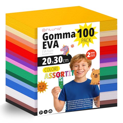MATERIALE PER HOBBY MULTIUSO: SCHIUMA EVA FLESSIBILE E RESISTENTE: Ogni foglio è realizzato in gomma espansa sicura, durevole e facile da modellare. Perfetta per costumi scolastici, lettere 3D, biglietti decorativi e creazioni per eventi speciali.
