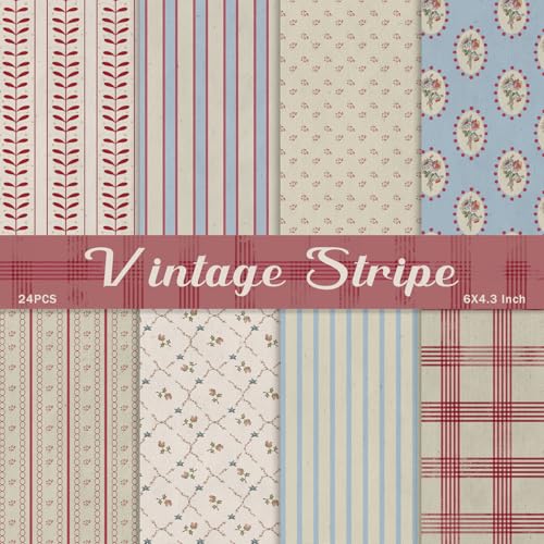 Scrapbook Paper 24 Sheets 4.1x5.8 Inch Vintage Stripe Style Scrapbook Supplies Single-Sided Vivid Origami Decoupage Paper for DIY Crafts Card Making Art Journaling (Vintage Stripe)
