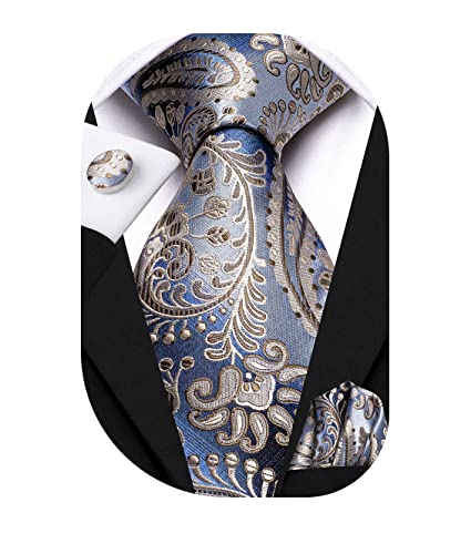 Image of Hi-Tie Silk Ties for Men Plaid Paisley Striped Necktie Pocket Square Cufflinks Set Formal Business