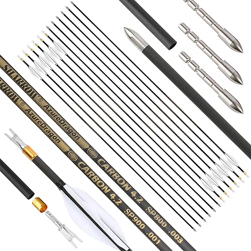 SHARROW アーチェリー競技用ピュアカーボンアロー スパイン700/800/900/1000の純粋な炭素矢 ID4.2mm競技用カーボン矢 真直度.001&.003 練習矢 リカーブボウ&コンパウンドボウに適用 (900-12本, 白 // 0.001