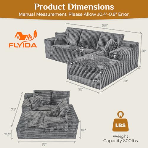 Image of 108 inch Boneless Cloud Sectional Couches for Living Room, Comfy Fluffy L Shaped Memory Foam Deep Seat Boneless Couch, Modular Sectional Sofa with Right Facing Chaise, Grey