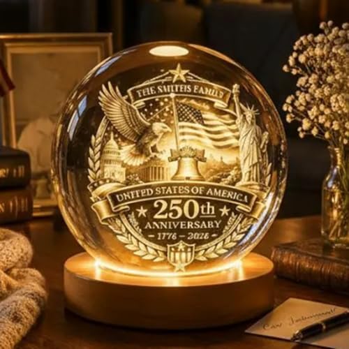 Image of 250 Anniversary Usa Merchandise, Personalized 250th Anniversary Crystal Ball Night Light, Custom 1776-2026 USA LED Lamp, Engraved Patriotic Gift, American Independence Decor Light for Desk Home