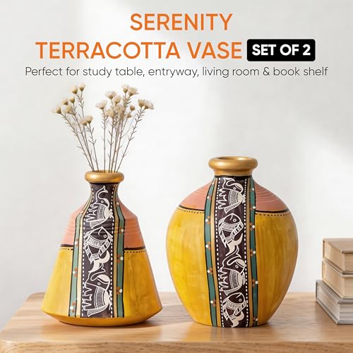 Image of Aakriti Art Creations Yellow Terracotta Vase Set of 2 with Madhubani Art | Handmade Matte Finish Decorative Flower Vases | Table Decor Items, Living Room Showpieces & Housewarming Gift