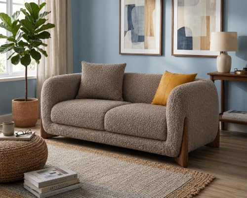 Image of Modern Sofa, Teddy Fabric, Chesterfield Style, Wooden Legs, for Living Room, Bedroom, Hallways (3+2 Seater, Taupe)