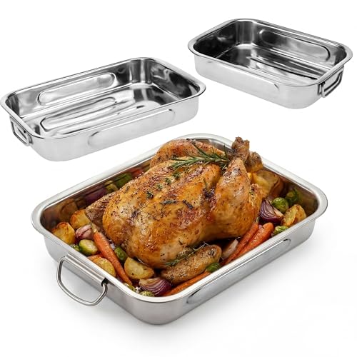 GEEZY Set of 3 Stainless Steel Roasting Tins (27 31 & 36cm) - Large Rectangular Oven Roasting Tray with Movable Handles - Deep Nesting Baking Dish for Cooking Meat Lasagne & Turkey