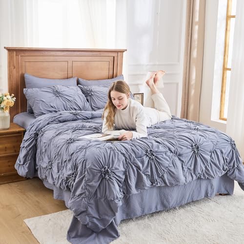 Image of Grey Comforter Set King Size Bed in A Bag 7 Piece Pinch Pleat Bedding Set,Pintuck Ruched Flowers Bed Set with Comforter, Sheets, Pillowcases & Shams