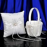 Remedios 2 Heart Rhinestones Ivory Satin Flower Girl Basket and Ring Pillow Set