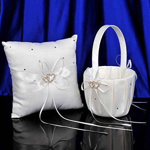 Remedios 2 Heart Rhinestones Ivory Satin Flower Girl Basket and Ring Pillow Set