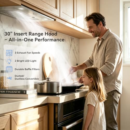 Image of Hermitlux 30 inch Built-in /Insert Range Hood, 600 CFM 3 Speed Vent Hood, Ducted /Ductless Convertible, Stainless Steel Range Hoods with Bright LED Light, Baffle Filters and Charcoal Filters