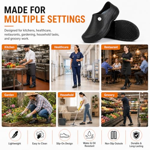 Image of Chef Shoes for Men & Women, Non Slip Waterproof Kitchen Clogs, Oil Resistant Slip On Work Shoes, Lightweight Closed Toe Nursing Shoes for Restaurant, Healthcare, Garden, Cleaning