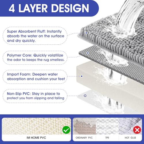 ACCUMTEK Striped Light Grey Bathroom Rug Set 3 Pieces Gray Ultra Soft, Non Slip Chenille Toilet Mat, Absorbent Plush Shaggy Bath Mats for Bathroom, Bedroom, Kitchen