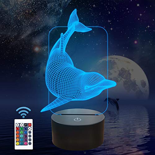Preisvergleich Produktbild Dolphin 3D Illusionslampe Nachtlicht für Kinder Ocean Nachttischlampe mit Fernbedienung & 16 Farbwechsel Weihnachten Halloween Geburtstagsgeschenk für Kind Baby Boy