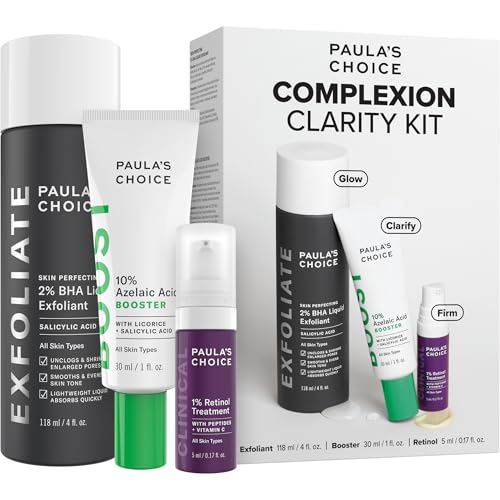 Paulas Choice Complexion Clarity Kit 3 Piece Set Includes Full-Sized 2% BHA Exfoliant 1% Retinol Treatment Full-Sized 10% Azelaic Acid Booster Skin Care Set for Clear Glowing Skin
