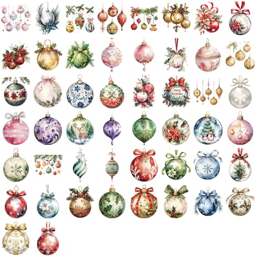 Image of 50 Pieces Christmas Themed Transparent Stickers for Scrapbooking, Ornament Ball Self-Adhesive Scrapbooking Stickers Supplies Journal Stuffers for Adult Card Making Letters DIY