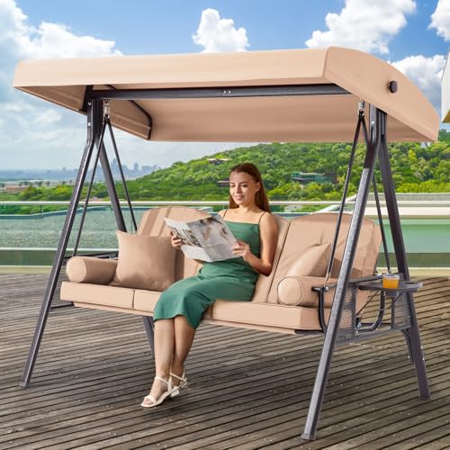 Image of 3 Seat Outdoor Patio Porch Swing with Adjustable Canopy, 3 in 1 Swing for Adults, Patio Swing Chair with Thickened Cushions,Pillows & Cup Holders for Backyard, Porch, Garden (Khaki)