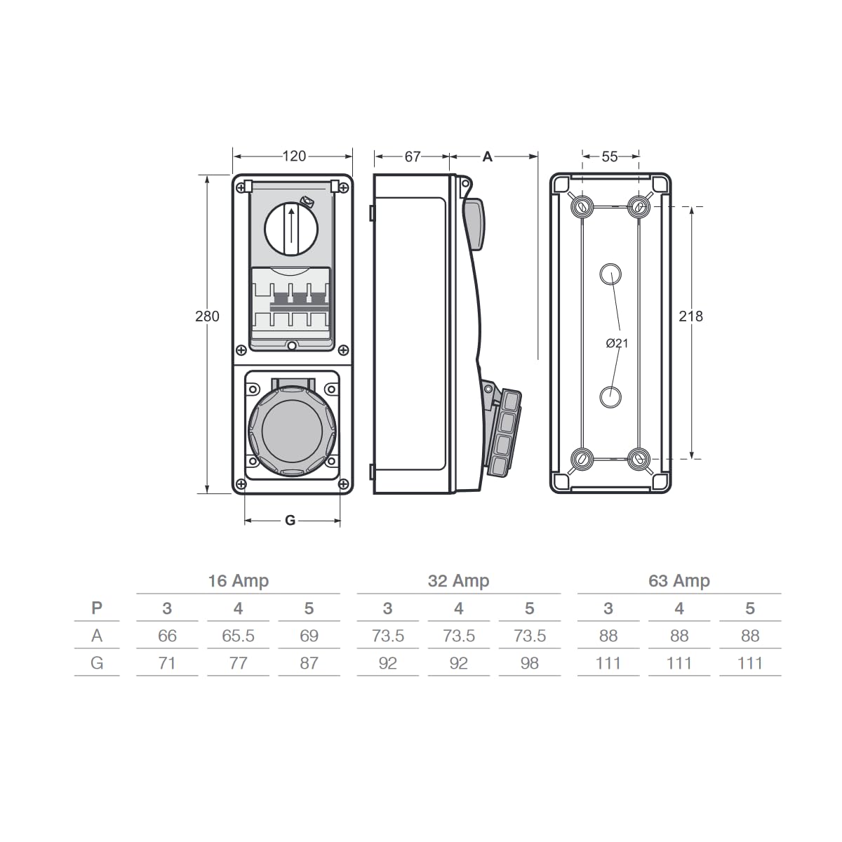Presa interbloccata verticale con sezionatore interruttore, con fondo, con interruttore magnetotermico, 380V, 5 poli 3P+N+T, 63A, IP67 - Rosi 16.463R6MT