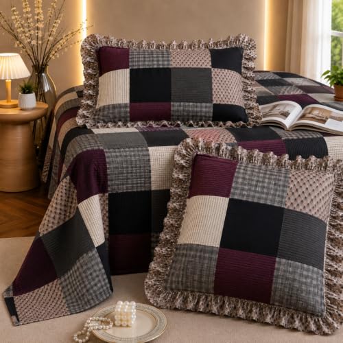 Image of Fitted Bedsheet Queen Size 300 TC Soft Cotton Feel Microfiber All Around Elastic Fitted Double Bedsheet with 2 Frill Pillow Covers | Size (60x78) Purple Box