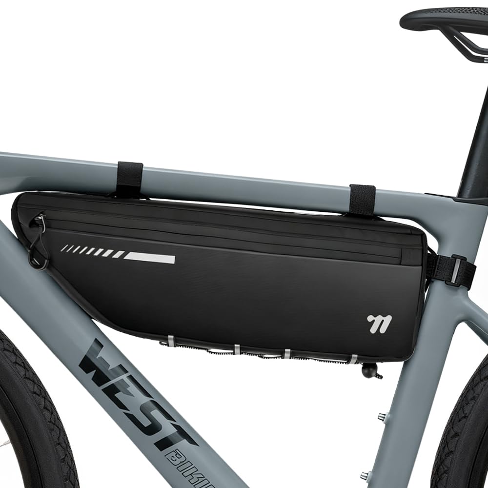 Oberrohr Fahrradtasche - 2,6L Rahmen Fahrradtasche mit Wasserdichtem Reißverschluss, Top Tube Bike Bag, Robuste Fahrradzubehörtasche für MTB Rennrad Gravelbike (Ganz Schwarz)