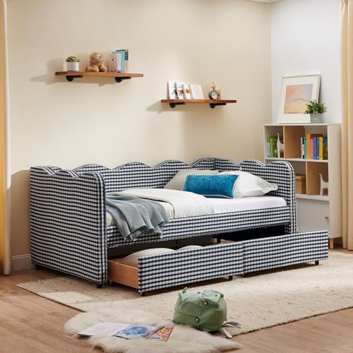 DEINPPA Twin Size Upholstered Daybed with 2 Storage Drawers Gingham Daybed with USB Ports for Bedroom Living Room Guest Room-Navy